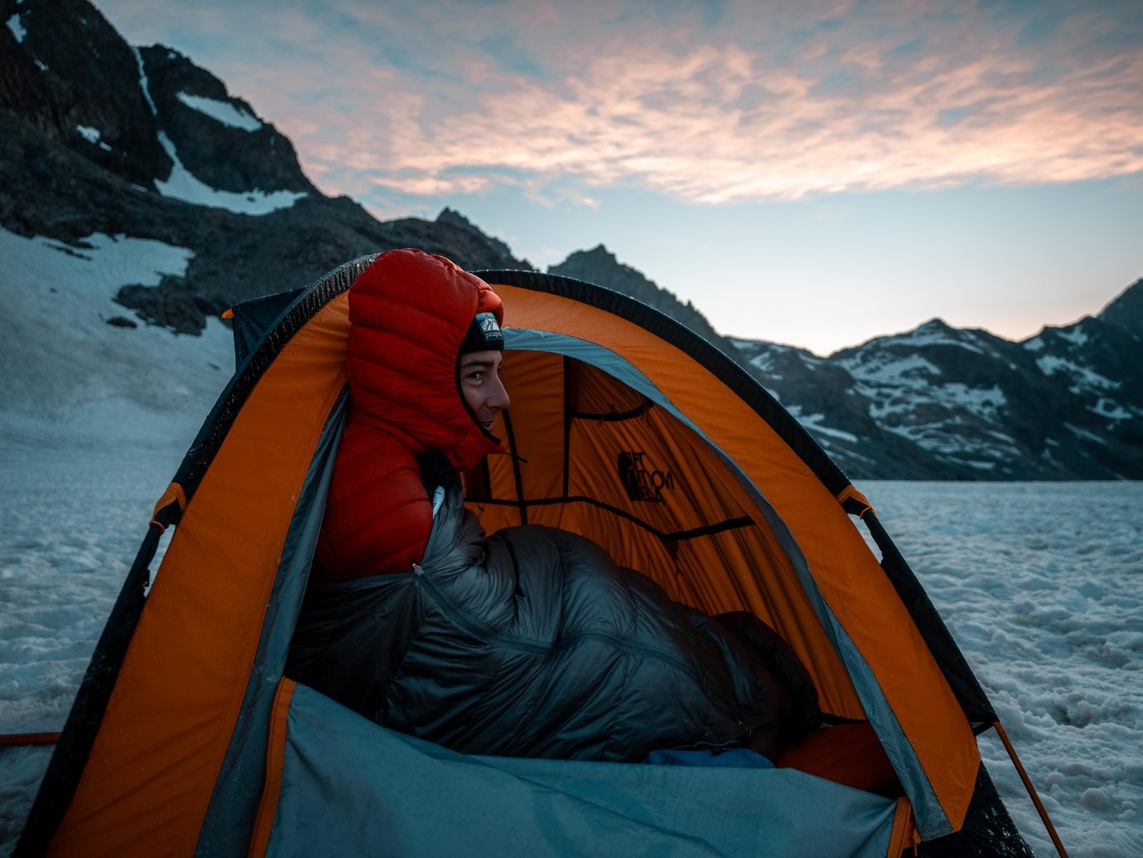 Waking up in the tent at sunrise on the glacier